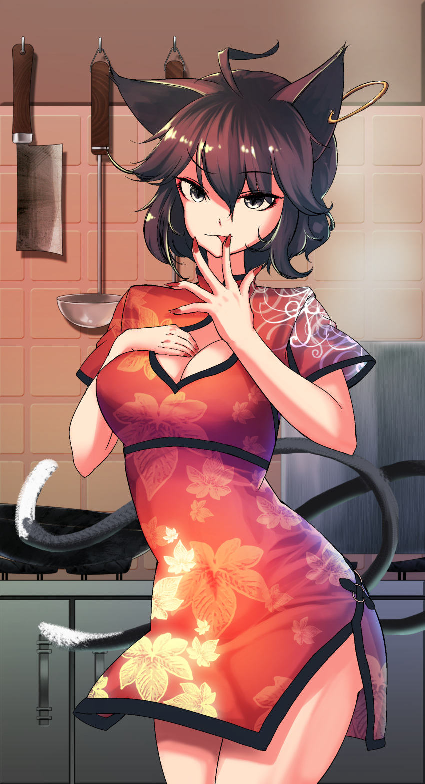 1girl absurdres breasts brown_hair cat_tail chen china_dress chinese_clothes cleavage cleavage_cutout cleaver dress ear_piercing finger_licking floral_print grey_eyes highres hijiwryyyyy jewelry kitchen ladle large_breasts licking looking_at_viewer multiple_tails older piercing red_dress red_nails short_sleeves single_earring solo tail touhou