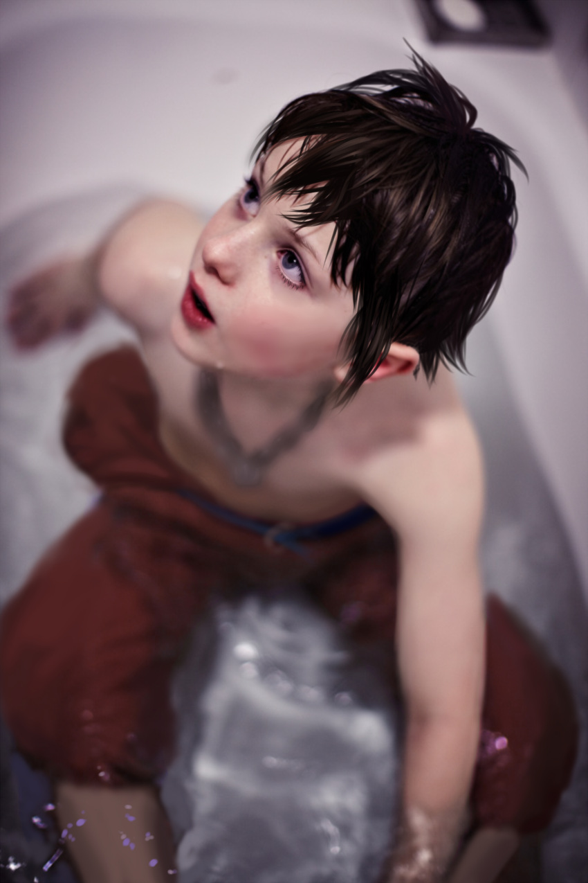 1boy absurdres bathtub blue_eyes blurry brown_hair depth_of_field from_above highres jewelry kingdom_hearts lips male necklace new_race open_mouth photoshop realistic shirtless short_hair sitting solo sora_(kingdom_hearts) source_request water