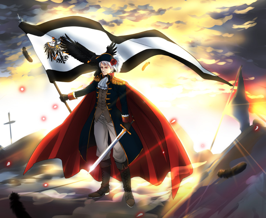 1boy axis_powers_hetalia bird boots cape coat cravat cross-laced_footwear epaulettes feathers flag flower hat knee_boots lace-up_boots male military military_uniform prussia_(hetalia) red_eyes rose silver_hair smile sousui_hani sword uniform weapon