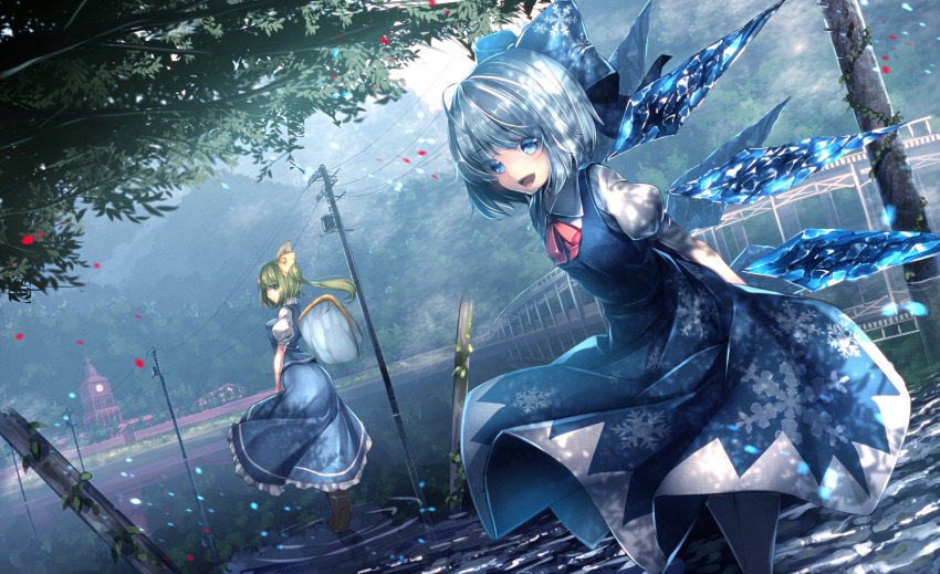 2girls blue_eyes bridge cirno daiyousei forest green_hair highres ivy lake leaf looking_at_viewer mansion misty_lake mountain multiple_girls nature open_mouth petals power_lines reflection ripples ryosios scarlet_devil_mansion snowflakes standing_on_water telephone_pole touhou tree water wings