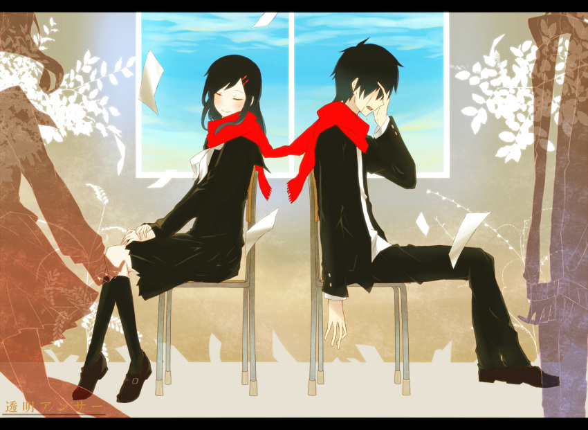 artist_request chair hair_ornament hairclip highres kagerou_project kisaragi_shintarou scarf skirt source_request tagme tateyama_ayano tears
