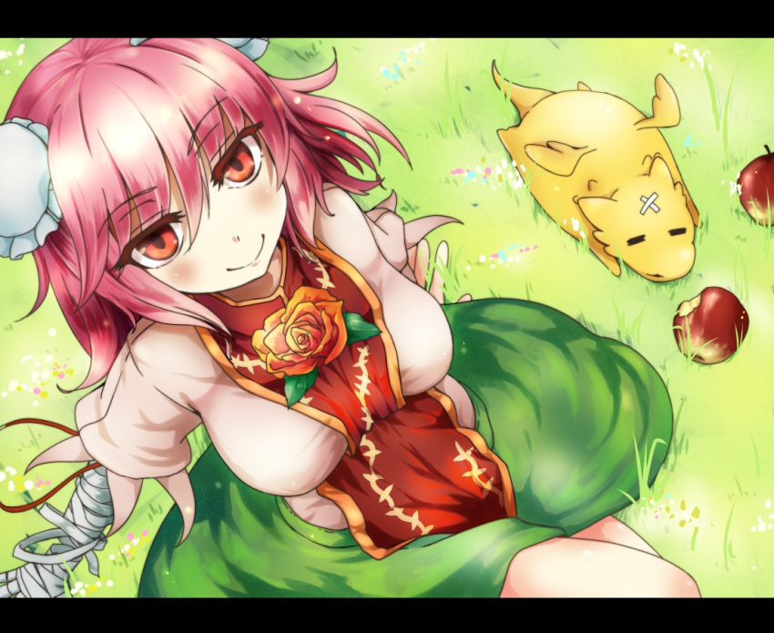 1girl apple arm_support bandaged_arm breasts bun_cover crossed_legs diohazard double_bun flower food fruit grass green_skirt ibaraki_kasen large_breasts looking_at_viewer looking_up outdoors pink_eyes pink_hair puffy_short_sleeves puffy_sleeves rose short_hair short_sleeves sitting skirt skirt_set smile tabard touhou turtleneck