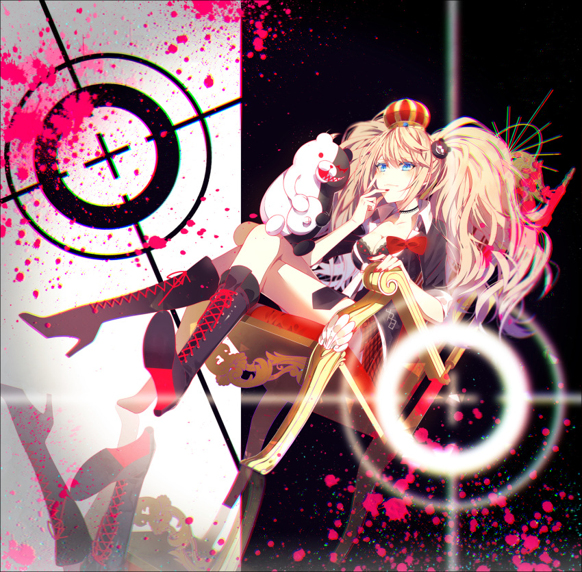 1girl blue_eyes boots bow breasts cleavage cross-laced_footwear crown dangan_ronpa enoshima_junko hair_ornament highres jewelry long_hair monokuma nail_polish necklace necktie pink_hair school_uniform skirt sleeves_rolled_up smile solo spoilers throne tiahszld twintails