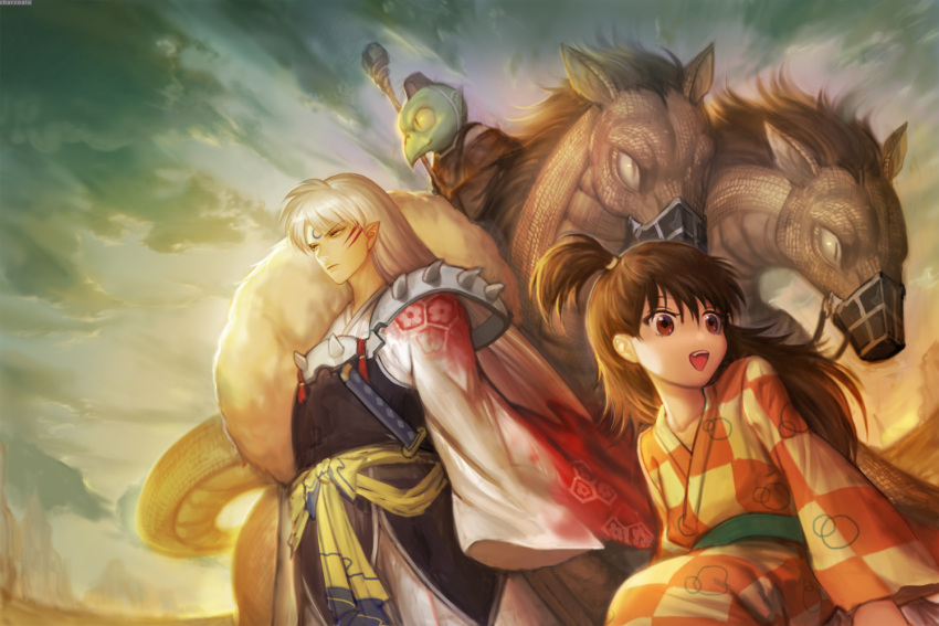 1boy 1girl a-un armor artist_name brown_eyes brown_hair charcoalo child crescent facial_mark forehead_mark fur hexagon inuyasha jaken japanese_clothes kimono long_hair one_side_up open_mouth pointy_ears rin_(inuyasha) sesshoumaru side_ponytail silver_hair sky sword weapon white_hair yellow_eyes