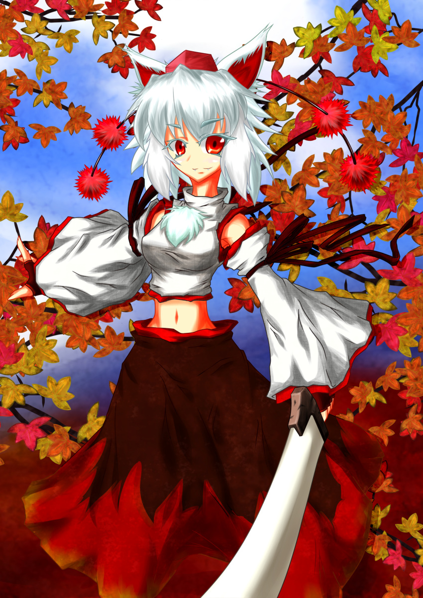 1girl animal_ears autumn_leaves bare_shoulders black_legwear blush breasts detached_sleeves fangs hat highres inubashiri_momiji leaf looking_at_viewer midriff navel pom_pom_(clothes) red_eyes shirt short_hair silver_hair skirt smile solo sword tokin_hat touhou weapon wolf_ears