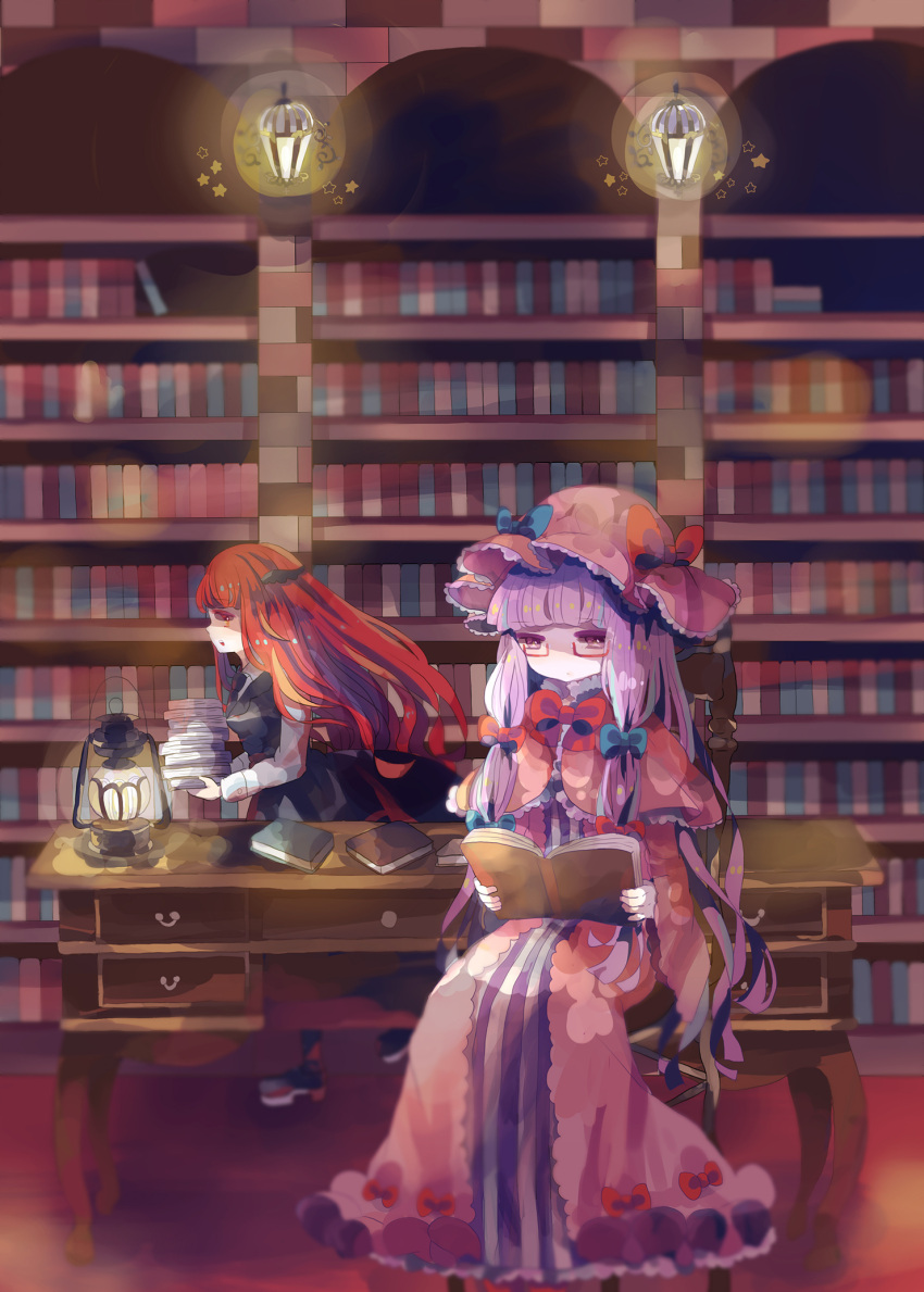 2girls arch book book_stack bookshelf bow capelet chair desk dress expressionless glasses hair_bow hat hat_ribbon head_wings highres hiyualice indoors koakuma lantern library lights long_hair long_sleeves multiple_girls open_book pale_skin patchouli_knowledge payot profile purple_hair reading red-framed_glasses redhead ribbon robe semi-rimless_glasses sitting skirt skirt_set striped striped_dress touhou under-rim_glasses violet_eyes voile