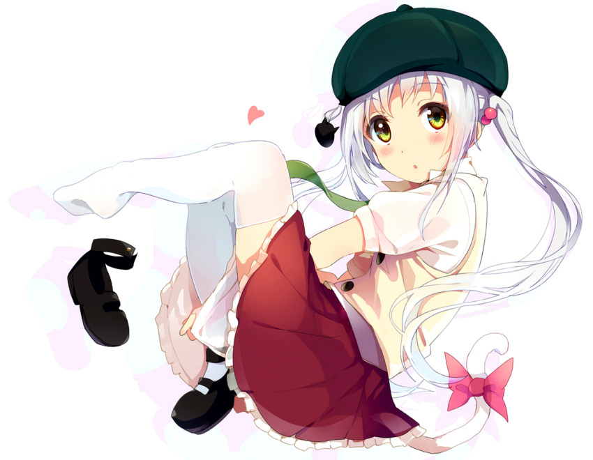 1girl blush hair_bobbles hair_ornament hat heart looking_at_viewer ogipote original shirt shoes_removed silver_hair simple_background skirt solo thigh-highs twintails white_background white_legwear yellow_eyes zettai_ryouiki