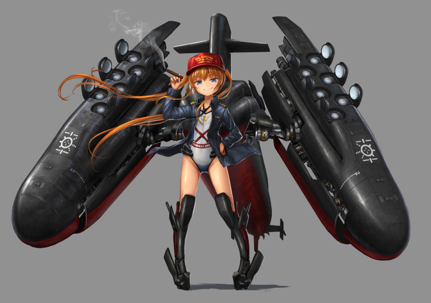 blue_eyes cigar crimson_tide highres kantai_collection long_hair mecha_musume military military_uniform missile ohio-class_submarine original personification polearm red redhead smoking submarine swimsuit tom-neko_(zamudo_akiyuki) trident uniform uss_alabama_(ssbn-731) weapon