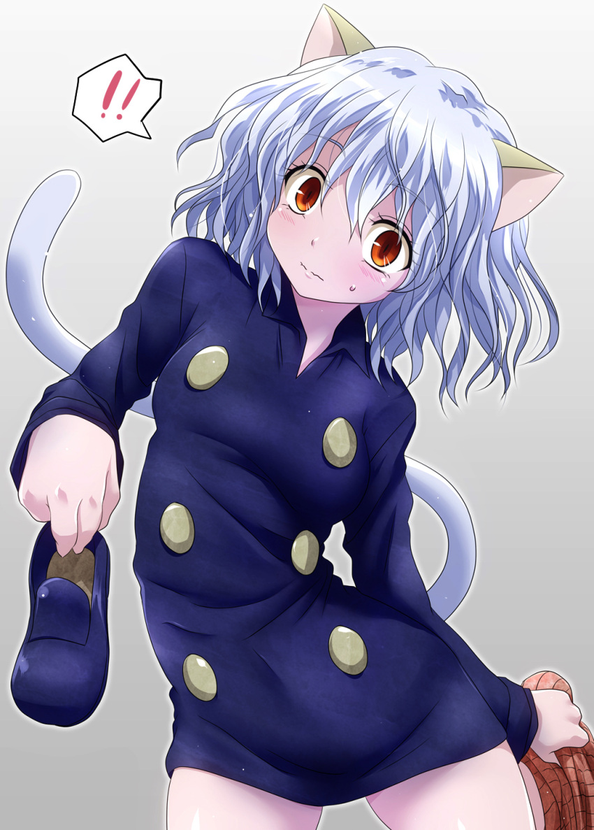 !! androgynous animal_ears blush brown_eyes cat_ears cat_tail highres holding hunter_x_hunter nefelpitou shoes_removed short_hair shorts_removed silver_hair solo sweatdrop tail undressing watarui