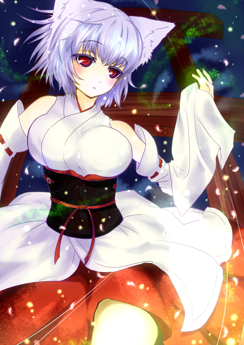 1girl absurdres animal_ears bare_shoulders blush breasts detached_sleeves hat highres inubashiri_momiji japanese_clothes kotarou_(yukina1721) large_breasts red_eyes short_hair silver_hair solo touhou wolf_ears
