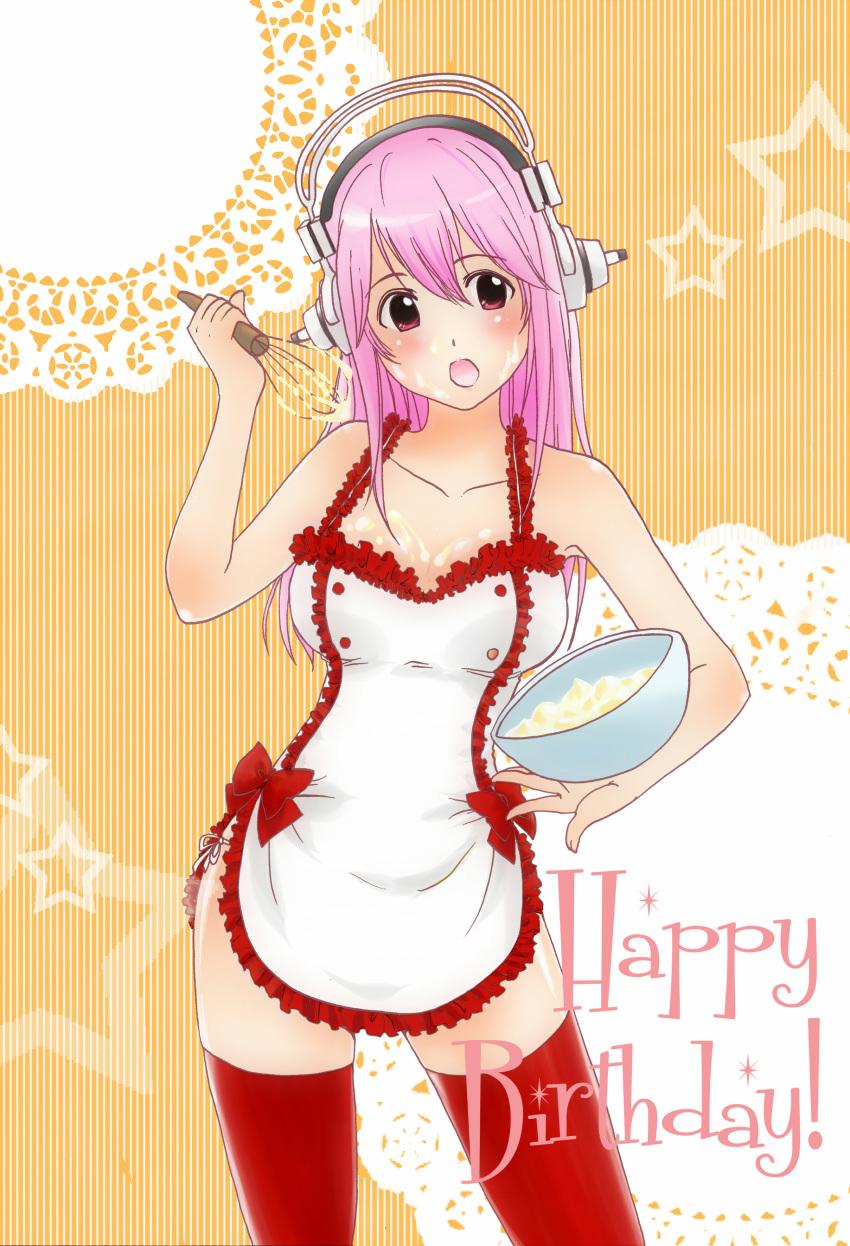 1girl absurdres apron blush breasts cleavage happy_birthday headphones highres large_breasts long_hair looking_at_viewer nitroplus open_mouth pink_eyes pink_hair solo super_sonico thighhighs whipped_cream