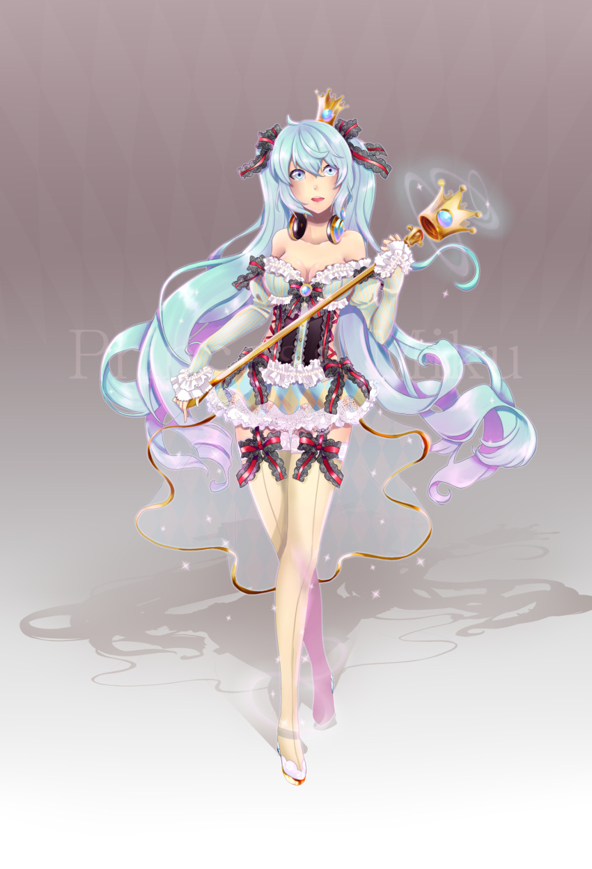 1girl blue_eyes blue_hair character_name crown detached_sleeves hair_ribbon hatsune_miku headphones headphones_around_neck highres long_hair mini_crown open_mouth ribbon skirt solo thigh-highs twintails very_long_hair vocaloid y.i._(lave2217)