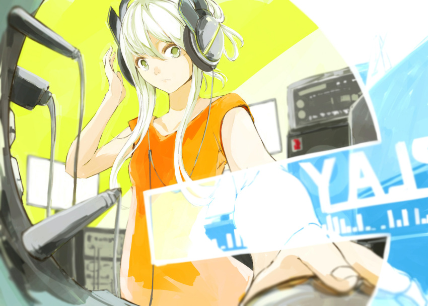 1girl amplifier artist_request computer_mouse green_eyes headphones highres holographic_monitor looking_at_viewer original pov white_hair yellow_background
