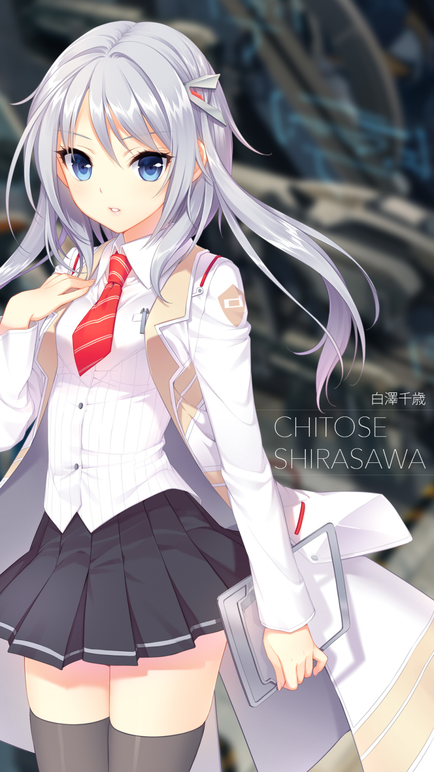 1girl black_legwear blue_eyes character_name culture_japan hair_ornament hand_on_own_chest highres long_hair necktie parted_lips pleated_skirt shirahane_nao shirasawa_chitose silver_hair skirt small_breasts solo thigh-highs zettai_ryouiki