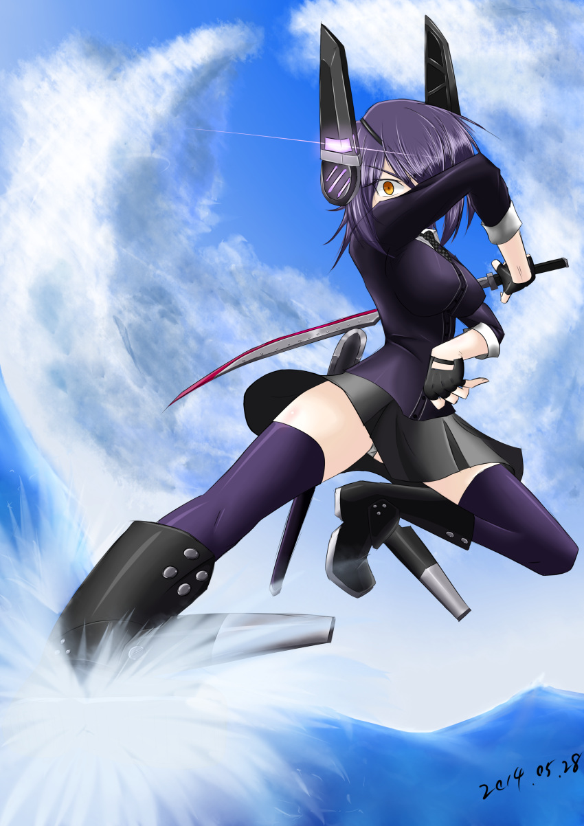 1girl absurdres battle_pose eyepatch highres kantai_collection katana personification purple_hair sword tenryuu_(kantai_collection) weapon yellow_eyes