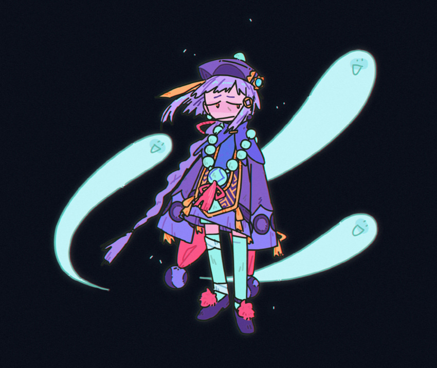 1girl :d :| aqua_legwear bandaged_leg bandages bead_necklace beads black_background braid child closed_mouth coin_hair_ornament full_body genshin_impact ghost hat highres jacket jewelry long_hair long_sleeves looking_to_the_side necklace ofuda purple_footwear purple_hair purple_jacket qing_guanmao qiqi_(genshin_impact) red_eyes simple_background sleeves_past_wrists smile smr03 solo standing talisman vision_(genshin_impact) wide_sleeves