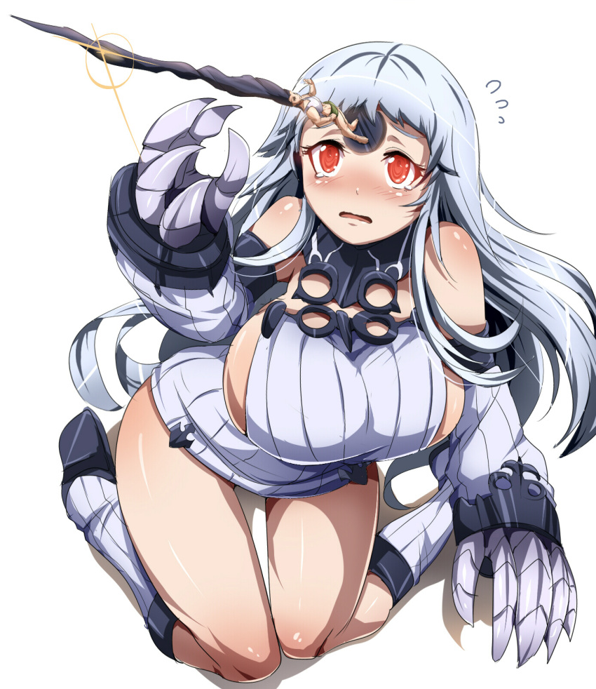 1girl bare_shoulders blush breasts character_request claws detached_sleeves epic_hair highres horn hunter_x_hunter kantai_collection long_hair red_eyes ribbed_dress seaport_hime shinkaisei-kan sideboob sweater umakatsuhai very_long_hair white_hair