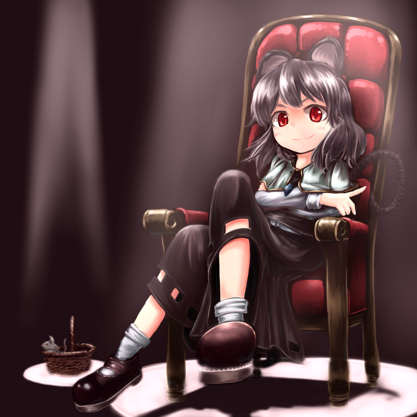 1girl absurdres animal_ears basket capelet chair commentary_request crossed_legs dress grey_dress grey_hair highres jewelry kys_(k-k2) long_sleeves looking_at_viewer mouse mouse_ears mouse_tail nazrin necklace pendant red_eyes shirt sitting smile solo tail touhou