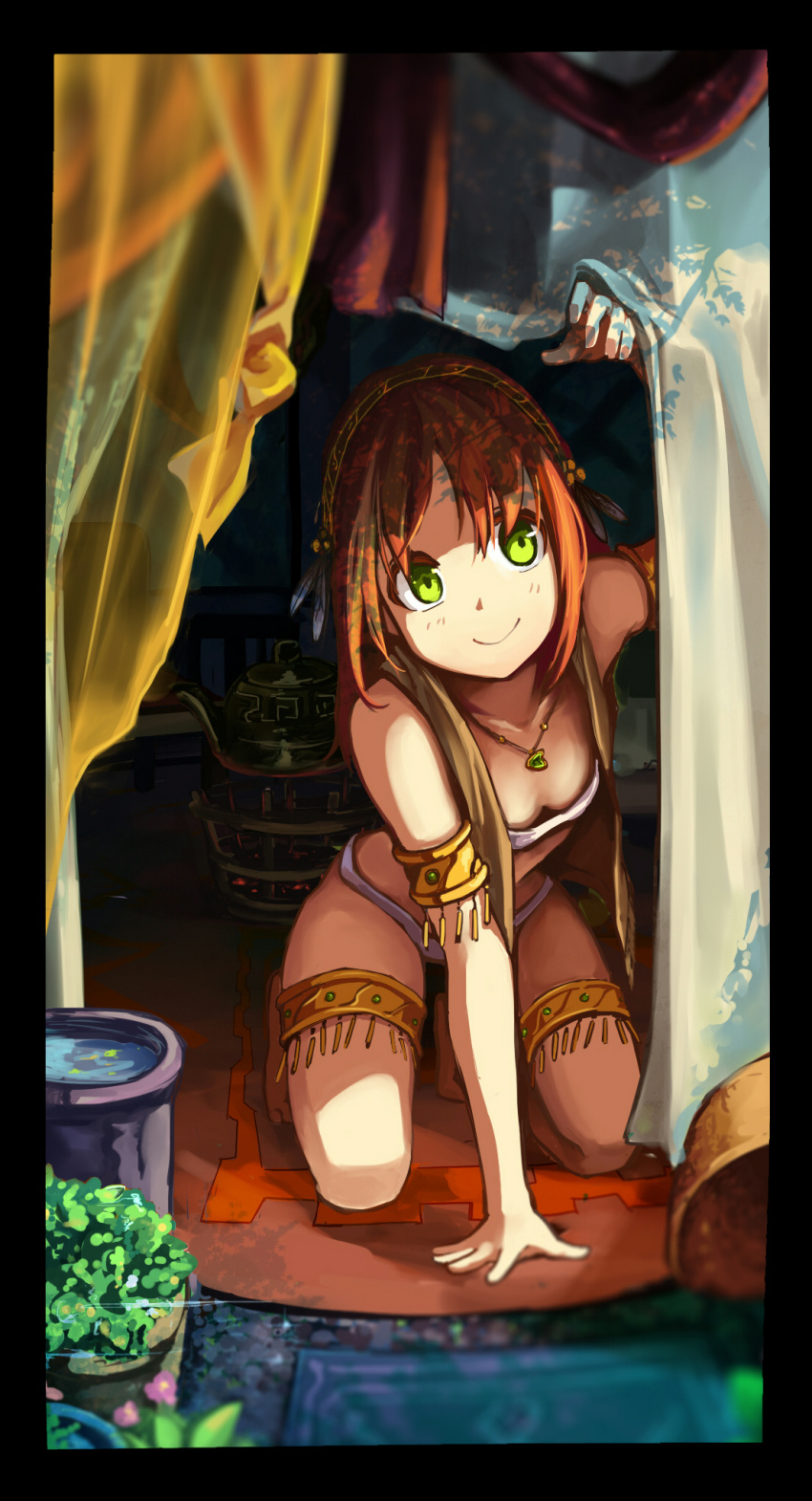1girl arm_support armband barefoot curtains darkers green_eyes hairband highres jewelry kneeling leaning_forward long_hair necklace orange_hair original smile solo tribal vest