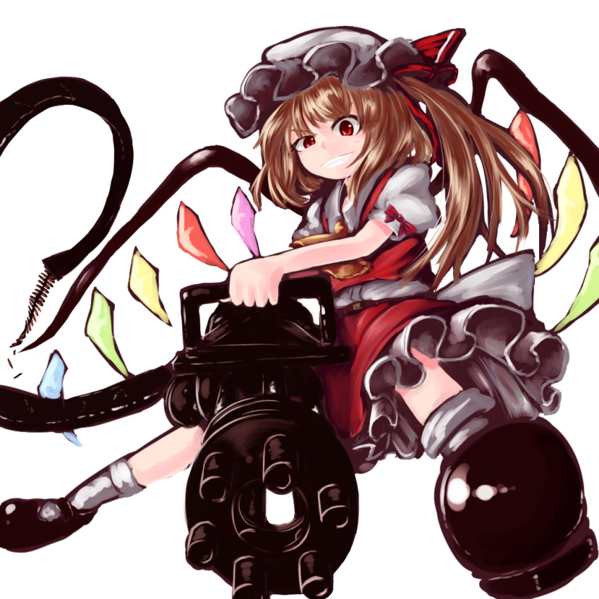 1girl aiming_at_viewer alternate_weapon blonde_hair commentary_request flandre_scarlet gatling_gun grin gun hat hat_ribbon kys_(k-k2) looking_at_viewer mob_cap red_eyes ribbon shirt side_ponytail simple_background skirt skirt_set smile solo touhou uneven_eyes vest weapon white_background wings