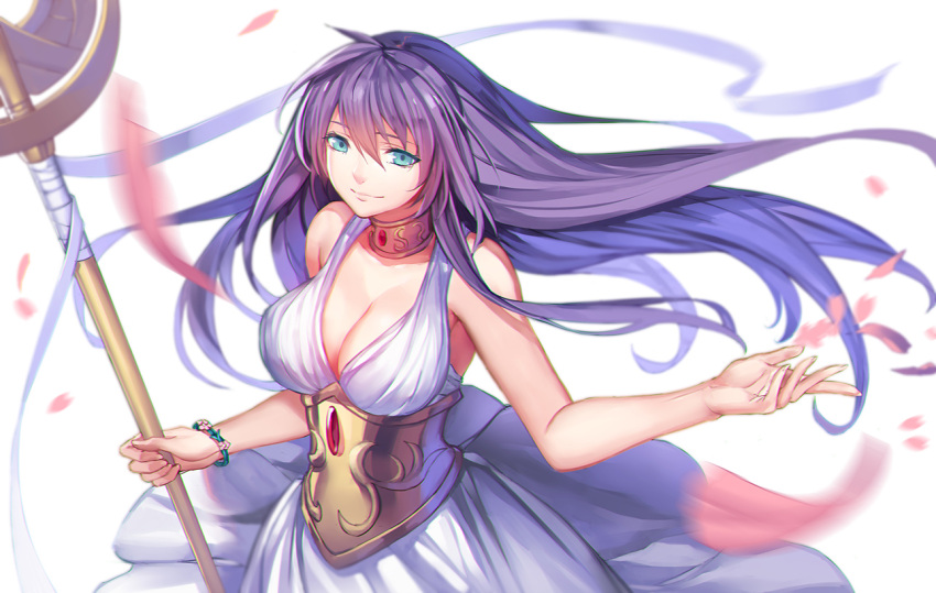 1girl blue_eyes blush breasts choker cleavage dress large_breasts long_hair looking_at_viewer purple_hair saint_seiya saint_seiya:_the_lost_canvas sasha_(saint_seiya:_the_lost_canvas) simple_background smile solo staff steelleets white_background