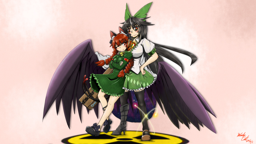 2girls animal_ears arm_cannon artist_name black_hair black_legwear black_wings bloodycat blouse blush bow brown_eyes cape cat_ears cat_tail crossed_arms dress english greaves green_dress hair_bow hair_ribbon hand_on_hip highres kaenbyou_rin leaning_on_person loafers long_hair mary_janes miniskirt mismatched_footwear multiple_girls one_eye_closed pink_background portal red_eyes redhead reiuji_utsuho ribbon shoes signature skirt smile standing symbol tail thigh-highs third_eye touhou weapon wings wink zettai_ryouiki