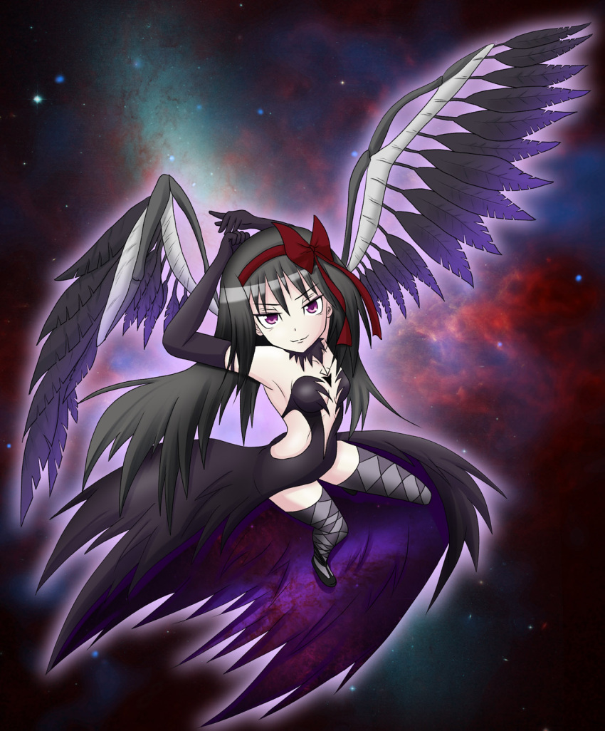 1girl akemi_homura akuma_homura argyle argyle_legwear bare_shoulders black_hair bow choker dress elbow_gloves feathered_wings from_above gloves hair_bow highres long_hair looking_at_viewer mahou_shoujo_madoka_magica mahou_shoujo_madoka_magica_movie smile solo space spoilers star_(sky) thigh-highs violet_eyes wings zettai_ryouiki
