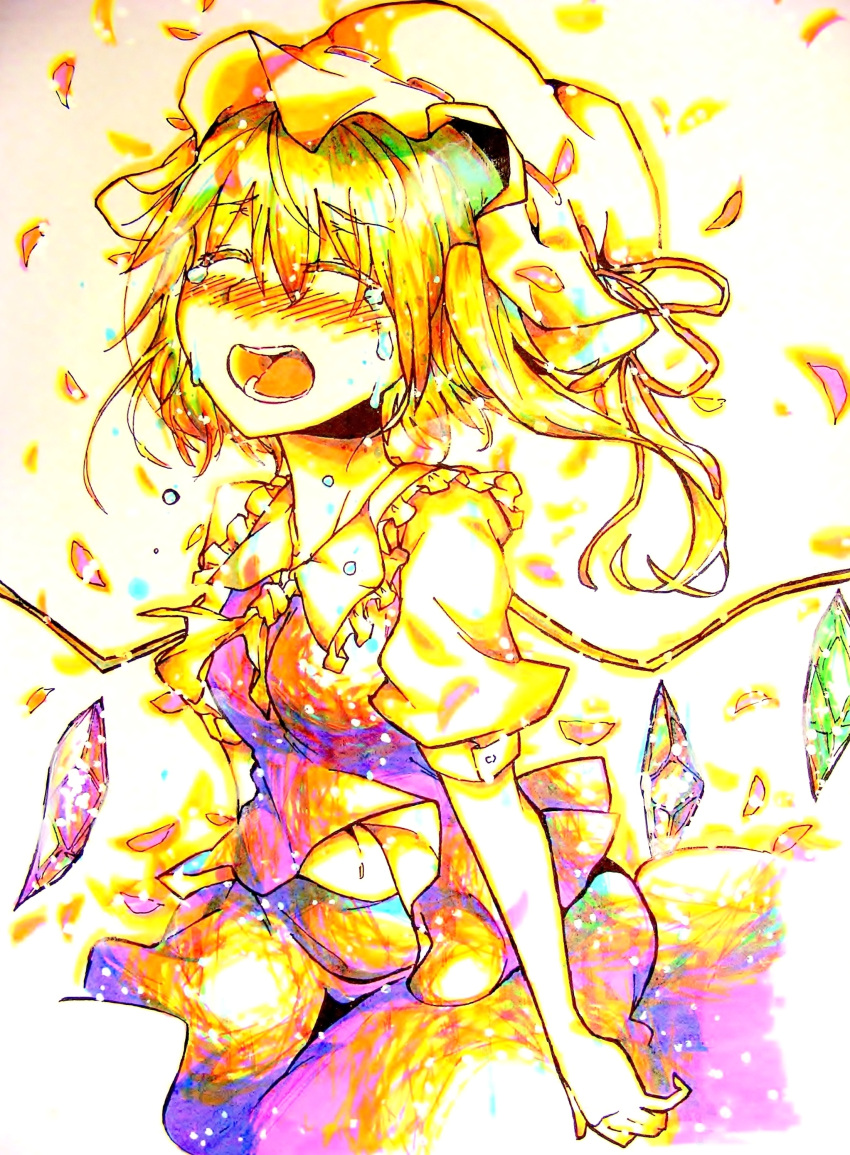 1girl absurdres arms_at_sides ascot closed_eyes crying crystal flandre_scarlet floating_hair gradient_clothes gradient_hair_color highres kneeling mob_cap open_mouth petals puffy_short_sleeves puffy_sleeves satoukouki short_hair short_sleeves side_ponytail solo tears touhou wings
