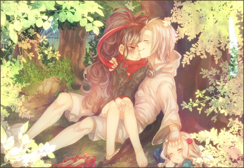 1boy 2girls artist_request azami_(kagerou_project) black_hair blush closed_eyes couple family hetero hood hug husband_and_wife japanese_clothes kagerou_project kozakura_shion long_hair multiple_girls parent_and_child red_eyes scarf short_hair sitting sleeping smile tree tsukihiko_(kagerou_project) white_hair young
