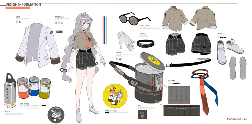 1girl absurdres alchemaniac belt black_belt black_legwear black_shorts blazer blue_necktie blush braid brown_shirt character_sheet collared_shirt eyewear_removed fanny_pack glasses gloves grey_footwear grey_hair grey_shirt highres jacket long_hair multiple_views necktie nijisanji nijisanji_id official_art open_hand orange_necktie red_eyes shirt shorts single_glove standing thigh-highs twin_braids very_long_hair virtual_youtuber white_background white_gloves white_jacket xia_ekavira