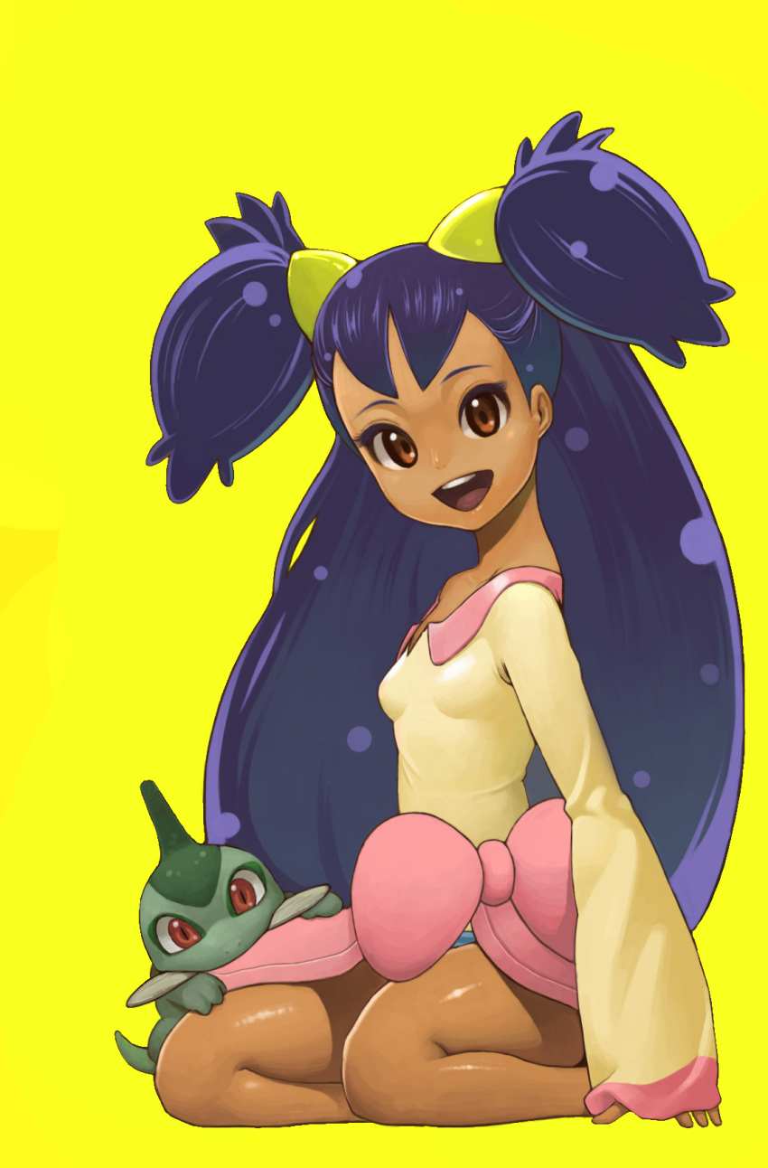 1girl axew blush brown_eyes coon dark_skin highres iris_(pokemon) long_hair looking_at_viewer pokemon pokemon_(game) pokemon_bw purple_hair smile solo theft two_side_up very_long_hair