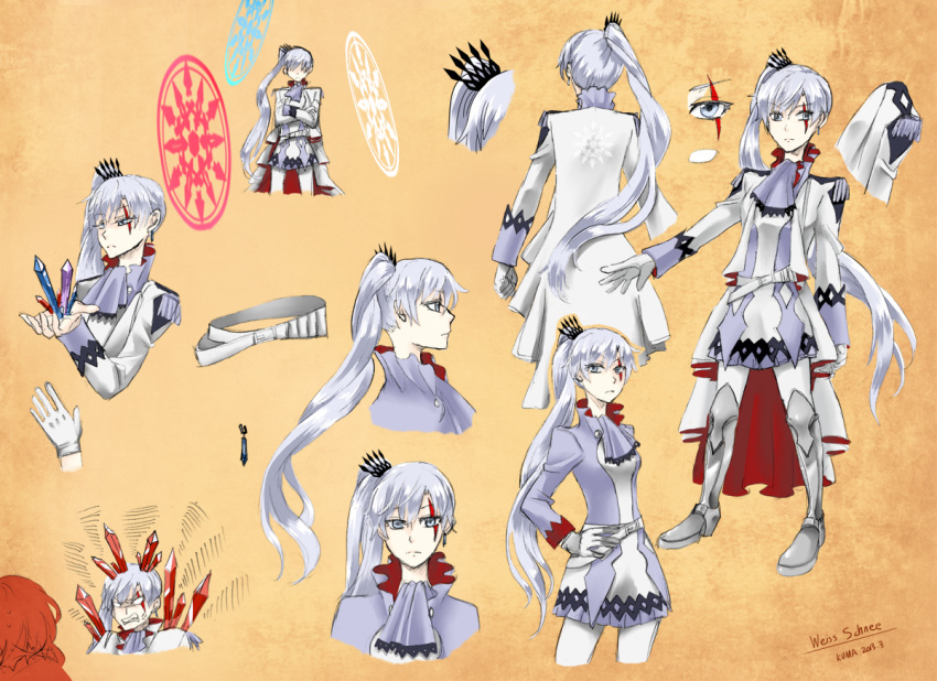 1girl bloodycolor boots jewelry long_hair ponytail rwby scar tagme weiss_schnee white_eyes white_hair