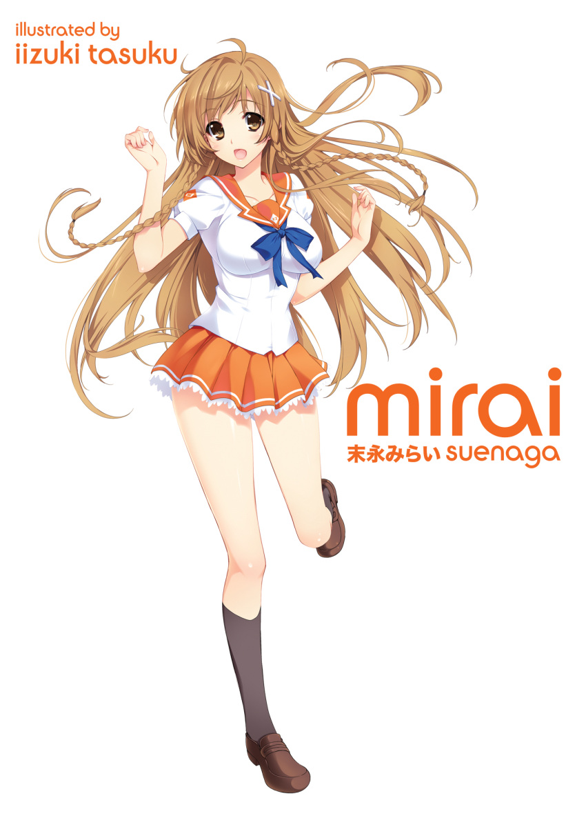 1girl ahoge artist_name bangs blue_ribbon blush braid breasts brown_eyes brown_footwear brown_hair character_name culture_japan full_body hairclip highres iizuki_tasuku loafers long_hair miniskirt open_mouth orange_skirt pleated_skirt ribbon school_uniform serafuku short_sleeves simple_background skirt smile socks solo standing_on_one_leg suenaga_mirai white_background