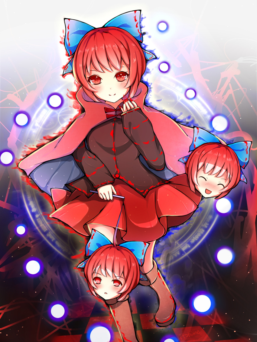 1girl artist_name blush boots bow cape danmaku disembodied_head hair_bow highres itohime long_sleeves looking_at_viewer magic_circle open_mouth red_eyes redhead sekibanki short_hair skirt smile solo touhou