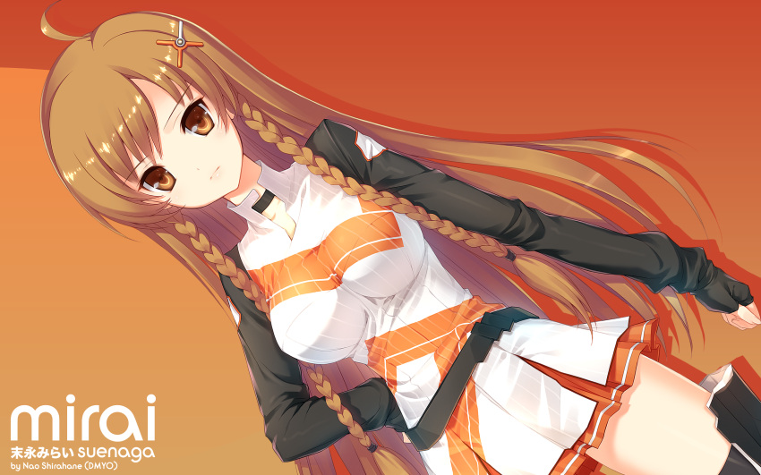 1girl ahoge artist_name braid brown_eyes brown_hair character_name choker culture_japan hand_on_hip highres huge_filesize long_hair mirai_millennium orange_background shirahane_nao suenaga_mirai thigh-highs twin_braids wallpaper