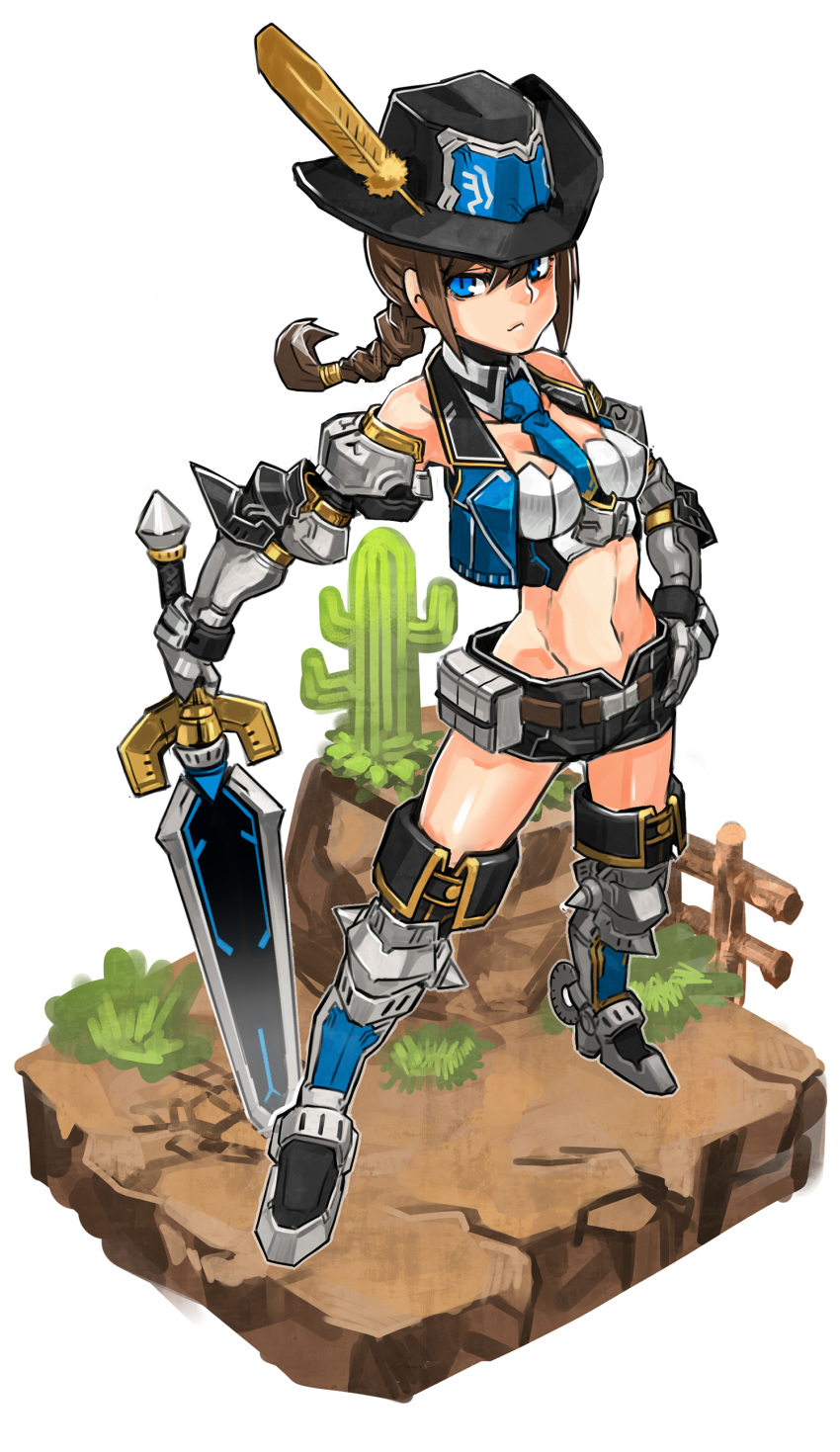 1girl absurdres belt belt_pouch between_breasts braid breasts brown_hair cowboy_hat gauntlets gettydaze greaves green_eyes hand_on_hip hat hat_feather highres long_hair midriff navel necktie_between_breasts original planted_sword planted_weapon short_shorts shorts single_braid solo sword thigh-highs vest weapon
