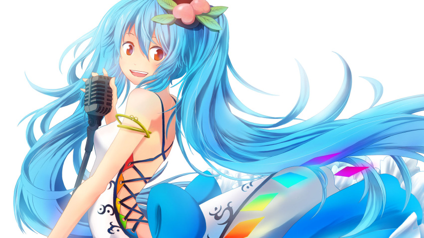 1girl adapted_costume alternate_costume alternate_hairstyle blue_hair food fruit gradient_eyes hair_ornament highres hinanawi_tenshi holding kana_tako long_hair looking_at_viewer microphone multicolored_eyes open_mouth peach simple_background smile solo tagme touhou twintails white_background