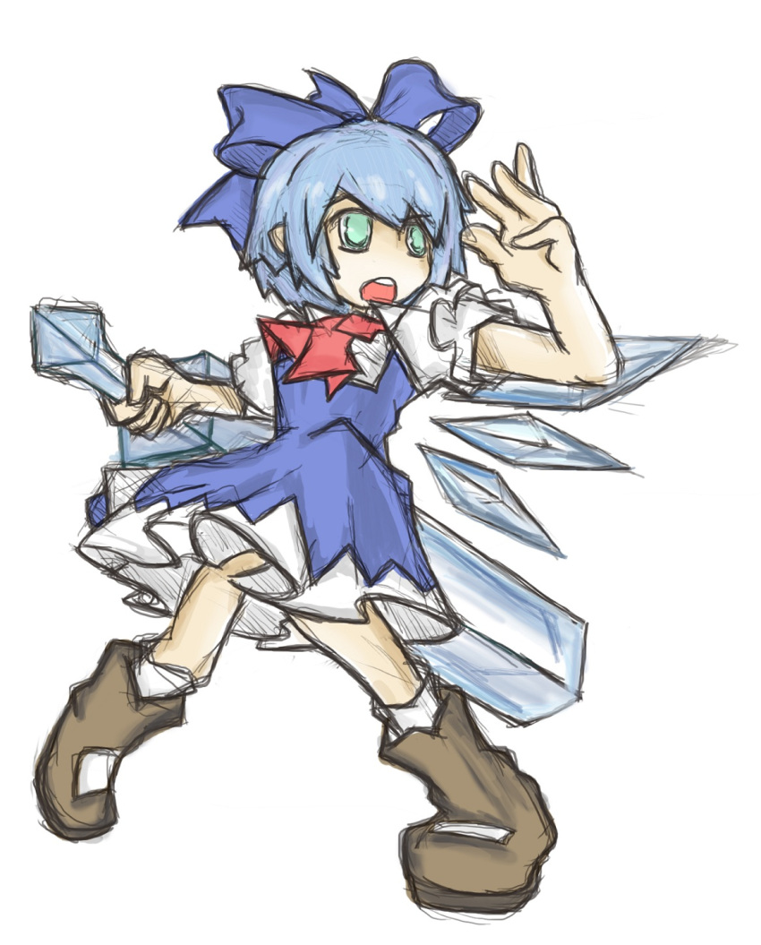 1girl altronage blue_eyes blue_hair boots bow cirno dress hair_bow highres ice ice_wings reverse_grip rough short_hair socks solo sword touhou weapon wings
