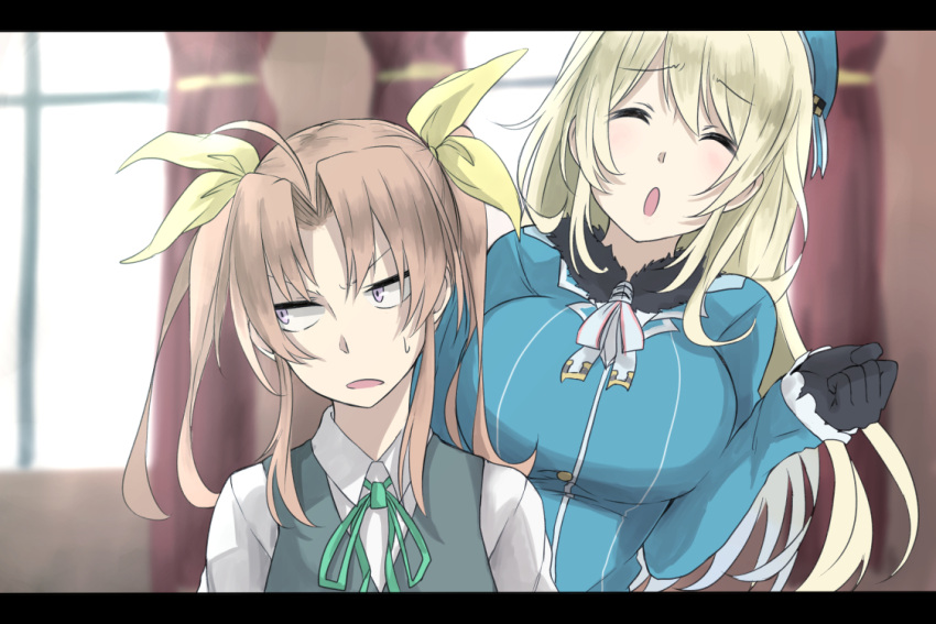 2girls ^_^ atago_(kantai_collection) beret black_gloves blonde_hair breast_envy breasts brown_eyes brown_hair bust closed_eyes dress_shirt gloves hair_ribbon hat kagerou_(kantai_collection) kantai_collection large_breasts letterboxed multiple_girls open_mouth ribbon shirt side_glance tsukamoto_minori vest