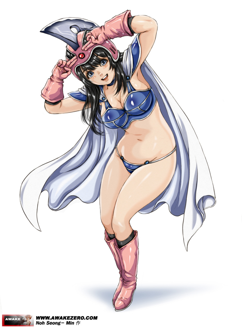 1girl armor bikini_armor black_hair blue_eyes boots breasts cape chichi cleavage dragon_ball elbow_gloves gloves helmet highres knee_boots kneehighs large_breasts long_hair navel noh_seong-min pose solo standing