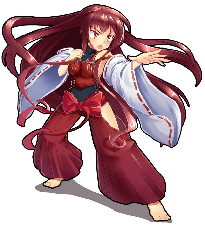 1girl bare_shoulders barefoot breasts brown_eyes brown_hair detached_sleeves fang fighting_stance hakama japanese_clothes leotard long_hair m.u.g.e.n nontraditional_miko open_mouth original rumirumi sendai_hakurei_no_miko simple_background solo touhou very_long_hair wide_sleeves