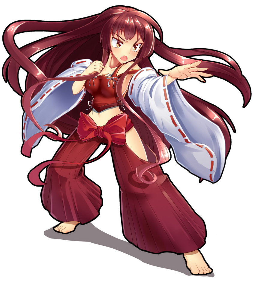 1girl bare_shoulders barefoot breasts brown_eyes brown_hair detached_sleeves fang fighting_stance hakama japanese_clothes long_hair m.u.g.e.n no_bra no_panties nontraditional_miko open_mouth original rumirumi sendai_hakurei_no_miko simple_background solo touhou very_long_hair wide_sleeves