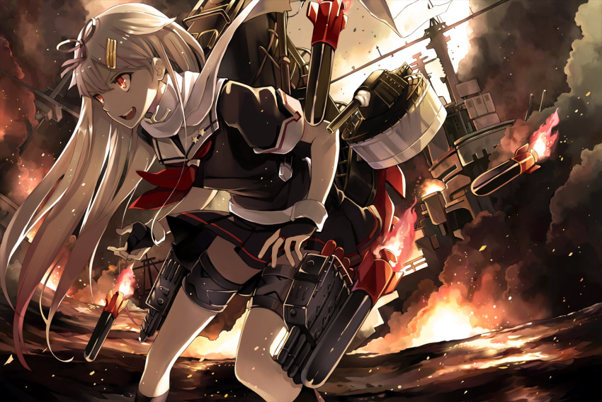 1girl black_skirt bridal_gauntlets fire hair_ornament hair_ribbon hairclip hao_(patinnko) kantai_collection long_hair ocean open_mouth personification red_eyes ribbon school_uniform serafuku short_sleeves skirt torpedo warship white_hair yuudachi_(kantai_collection)