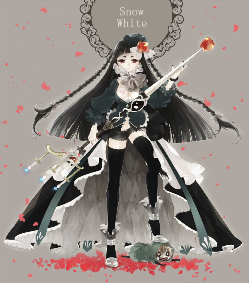 apple black_hair black_legwear braid breasts candlestand cleavage commentary_request food food_themed_clothes foot_on_head fruit highres long_hair navel original petals princess_royale short_shorts shorts skull snow_white_and_the_seven_dwarfs sword thigh-highs tsukudato twin_braids weapon