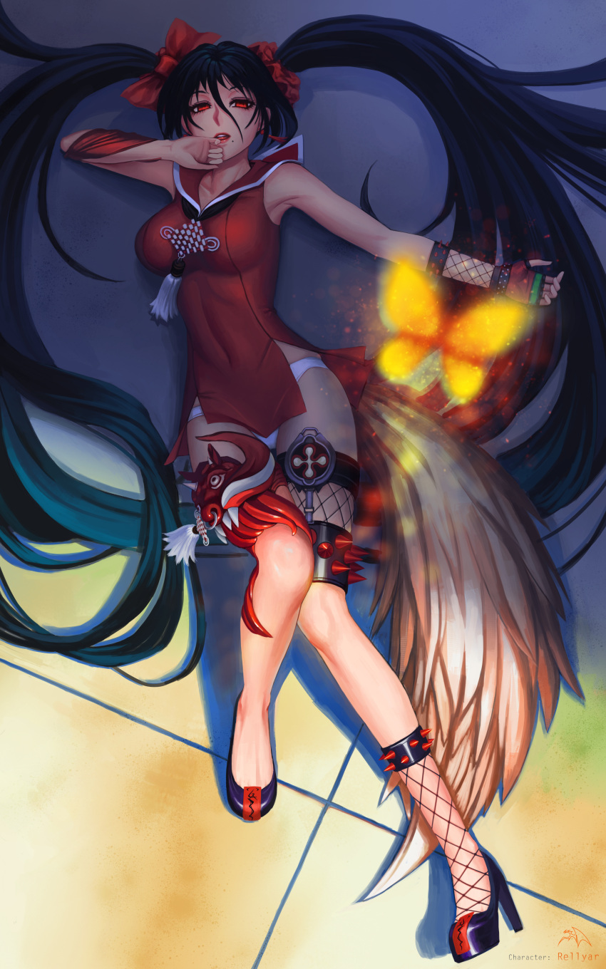1girl absurdres black_hair blade_&amp;_soul butterfly chinese_clothes darkmuleth from_above high_heels highres long_hair looking_at_viewer lying mole mole_under_mouth on_back open_mouth panties red_eyes sailor_collar solo spikes tail twintails underwear very_long_hair white_panties