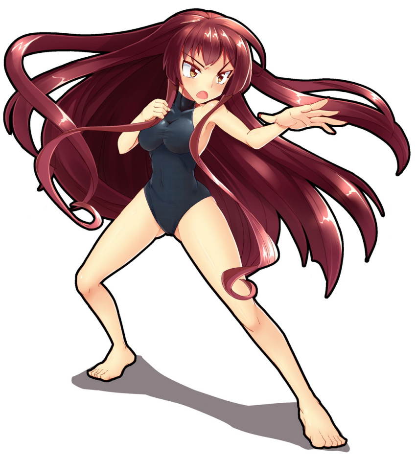1girl bare_shoulders barefoot breasts brown_eyes brown_hair fang fighting_stance leotard long_hair m.u.g.e.n nontraditional_miko open_mouth original rumirumi sendai_hakurei_no_miko simple_background solo taut_clothes touhou very_long_hair