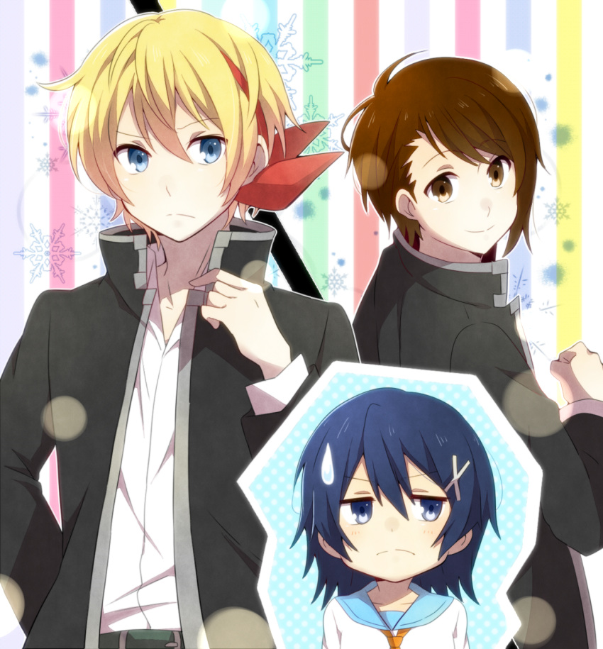 1girl 2boys belt blonde_hair blue_eyes blue_hair brown_eyes brown_hair gakuran genderswap highres ichijou_raku kirisaki_chitoge multiple_boys necktie nisekoi onodera_kosaki ribbon school_uniform sweatdrop yukichi_(eikichi)