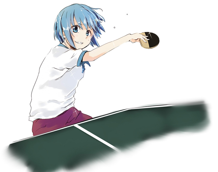 1girl blue_eyes blue_hair damenano104 grin gym_uniform mahou_shoujo_madoka_magica miki_sayaka paddle short_hair smile solo sweat table_tennis table_tennis_paddle