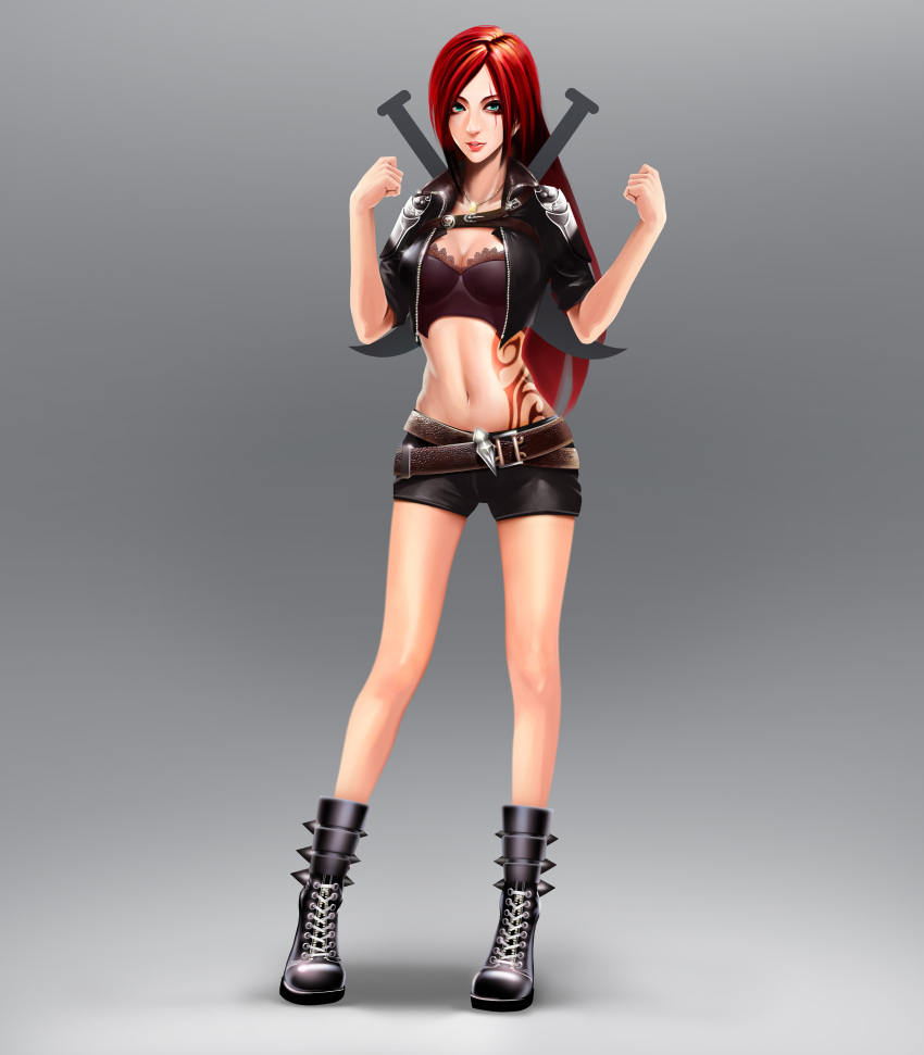 1girl absurdres because-k belt breasts cleavage dagger green_eyes highres katarina_du_couteau league_of_legends long_hair midriff navel redhead scar solo weapon