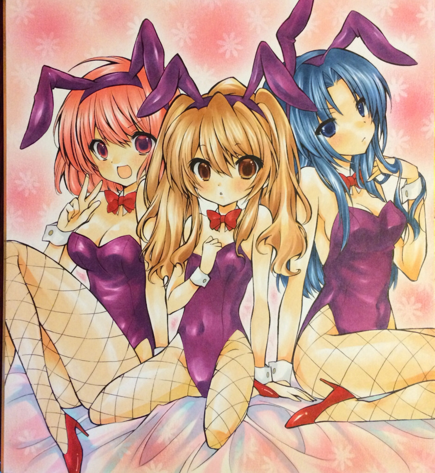 1girl 3girls aisaka_taiga animal_ears blue_hair bowtie brown_eyes brown_hair bunny_tail bunnysuit detached_collar fishnet_pantyhose fishnets highres izumo_neko kawashima_ami kushieda_minori long_hair multiple_girls pantyhose rabbit_ears red_eyes redhead short_hair tail toradora! twintails v violet_eyes wrist_cuffs